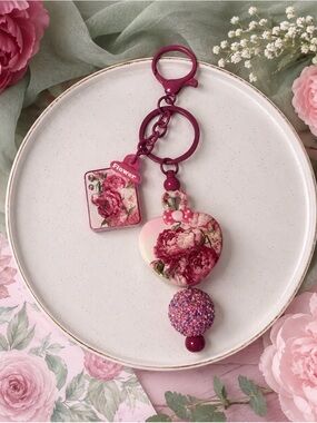 Hand Crafted Pink Floral Heart Keychain